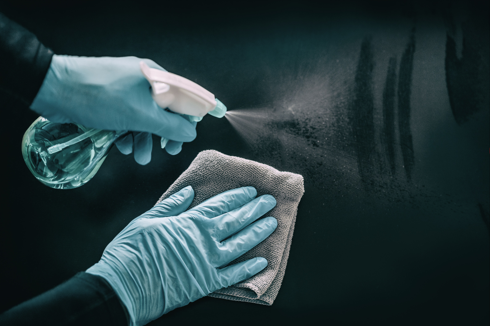 Cleaning Surfaces as Coronavirus Infection Spreading Prevention. Clean Surface Hygiene in Public Spaces, Offices, Hospital for Healthcare Workers Disinfecting Home with Medical PPE Blue Gloves